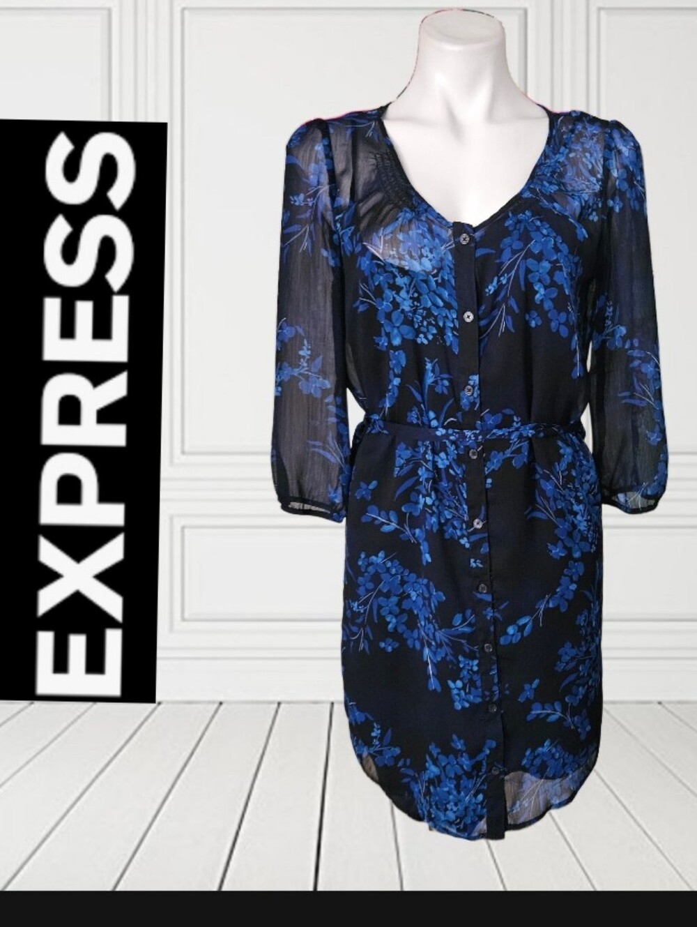 EXPRESS Womens Button Up Shirt Dress Size S Floral Chiffon V-Neck 3/4 Sleeve
